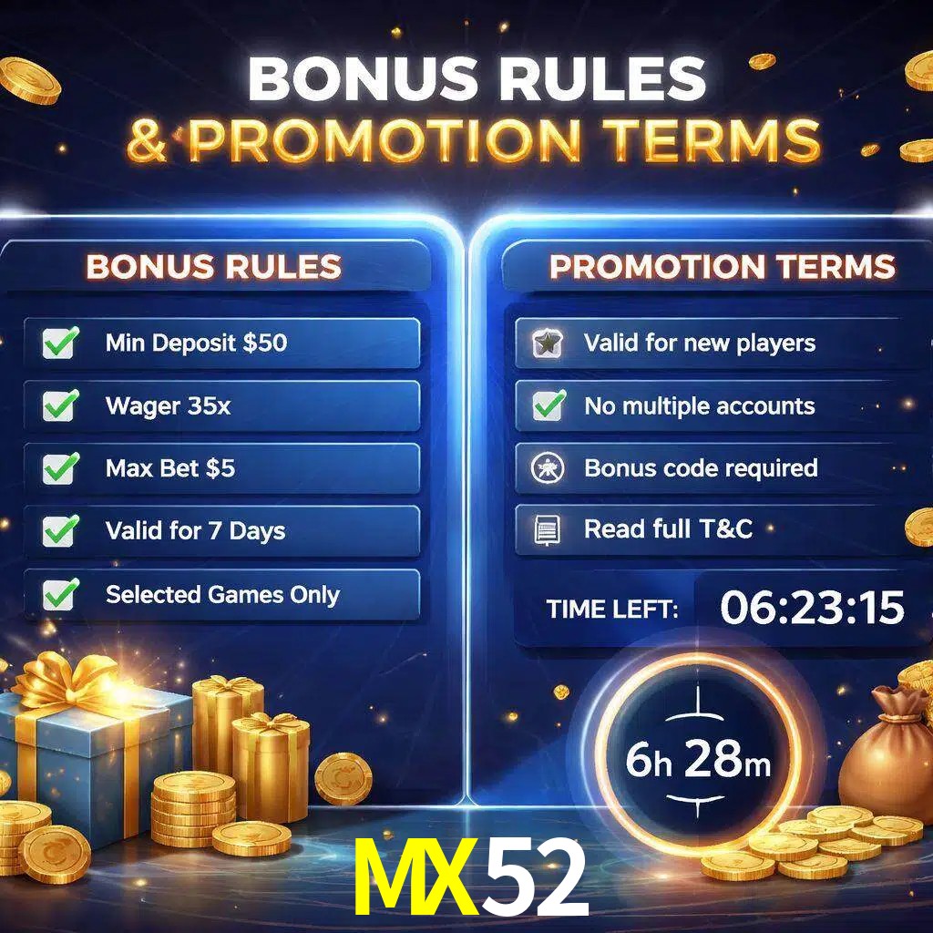 Reglas de promoción MX52 y condiciones de bonos explicadas visualmente