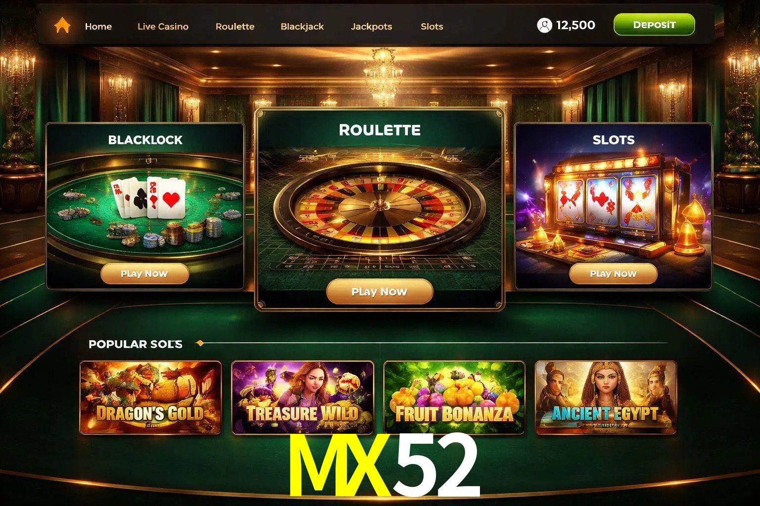Vista de la plataforma MX52 Casino mostrando categorías organizadas de juegos en línea